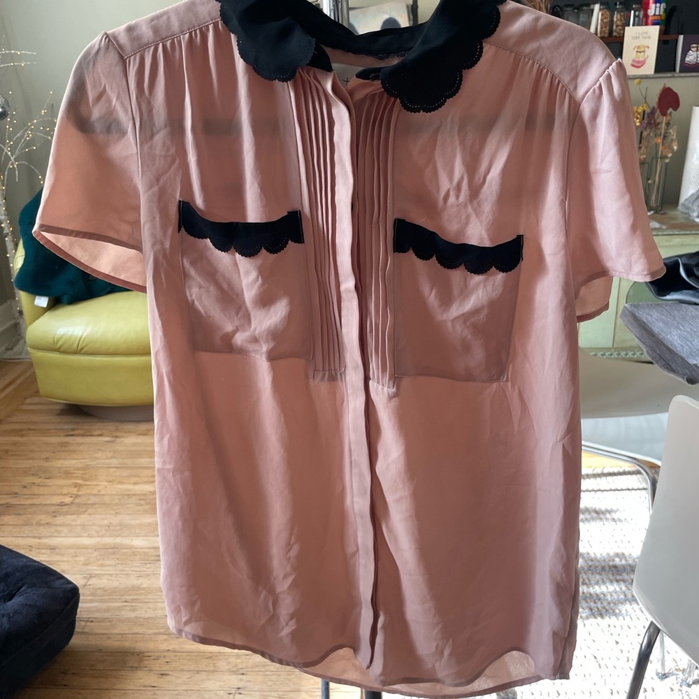 HD in Paris Pink Satin Blouse with Black Trim